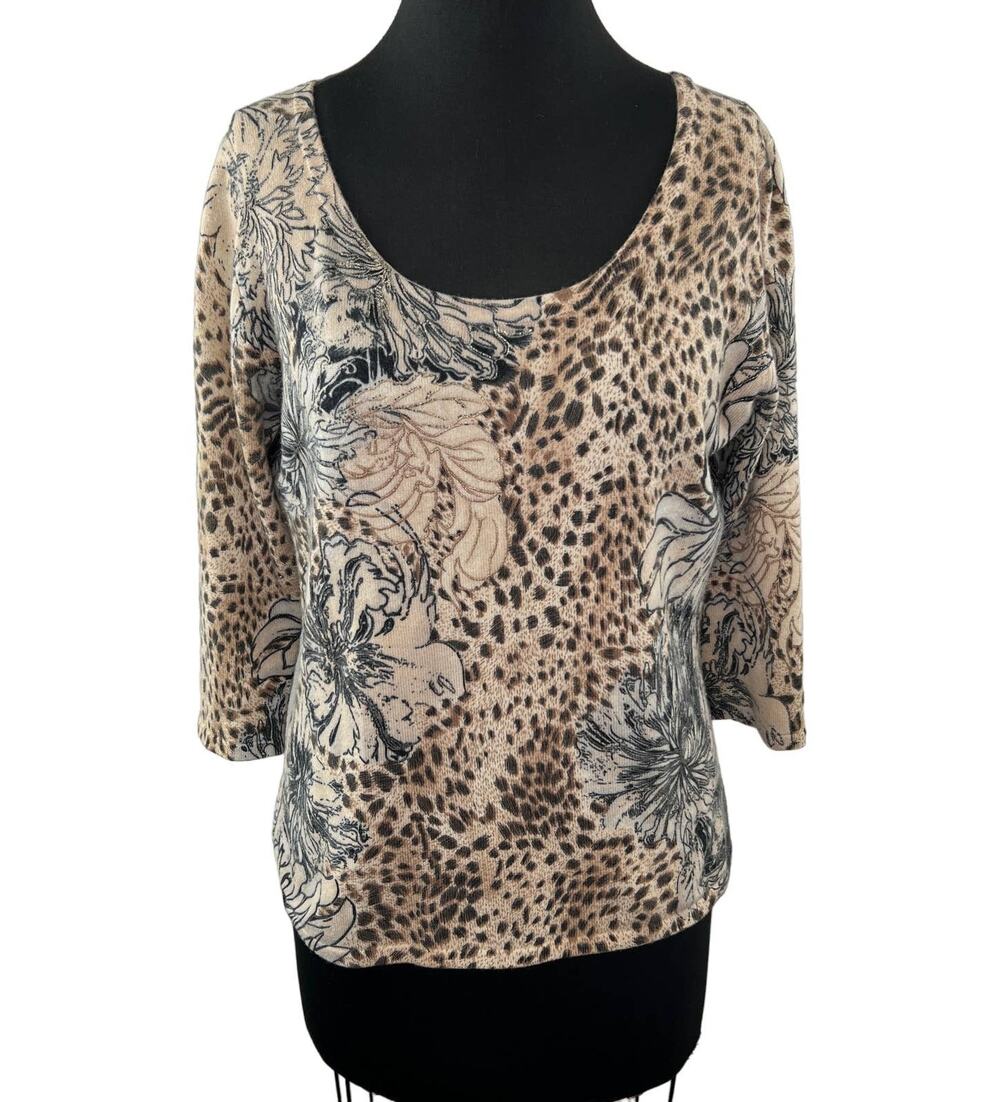 NM Neiman Marcus Cashmere Beige Floral Animal Print Scoop 3/4 Sleeve Sweater XL